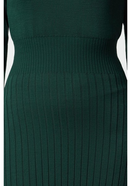 Kadın Moda Şık Midi Boy Bisiklet Yaka Regular Koyu Triko A-Line Formda Elbise