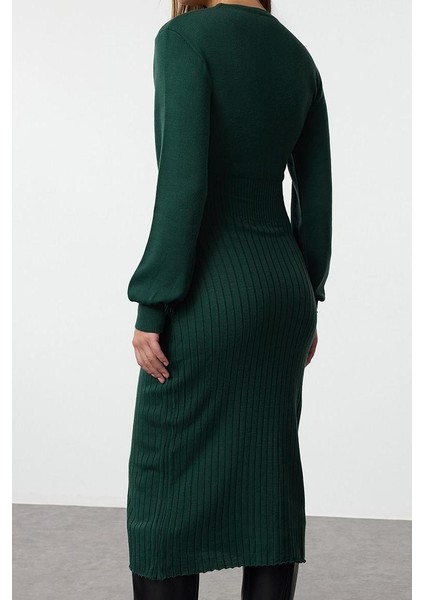 Kadın Moda Şık Midi Boy Bisiklet Yaka Regular Koyu Triko A-Line Formda Elbise