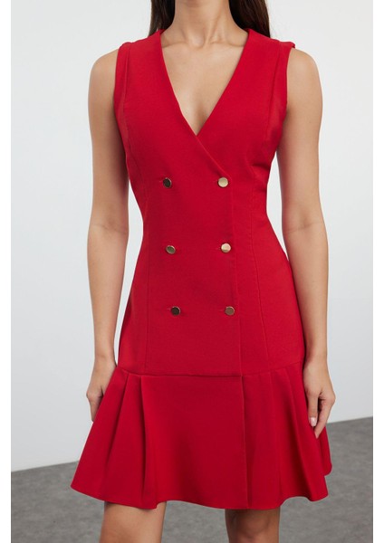 Kadın Moda Şık Mini Boy Ceket Yaka Regular Pilise Detaylı Dokuma Ceket Elbise