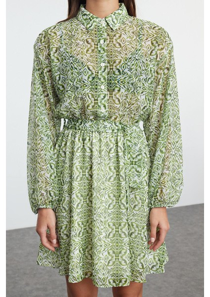 Kadın Moda Şık Mini Boy Gömlek Yaka Regular Belden Açılan Astarlı Şifon Dokuma Elbise