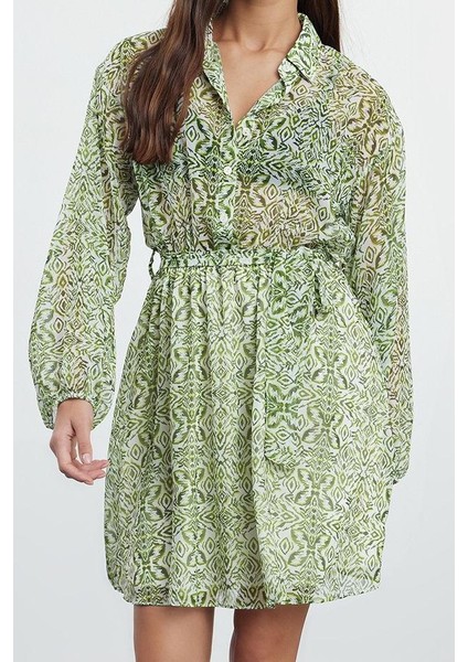 Kadın Moda Şık Mini Boy Gömlek Yaka Regular Belden Açılan Astarlı Şifon Dokuma Elbise fiyatları