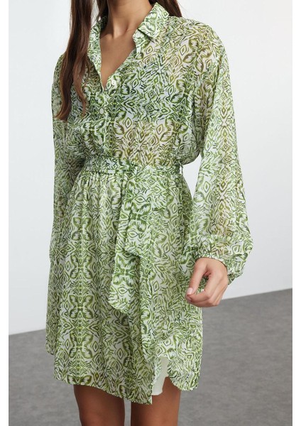 Kadın Moda Şık Mini Boy Gömlek Yaka Regular Belden Açılan Astarlı Şifon Dokuma Elbise modelleri