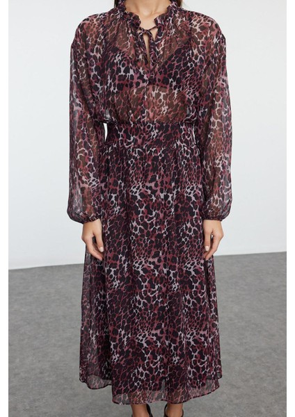 Kadın Moda Midi Boy Bisiklet Yaka Regular Çiçekli Eteği Belden Açılan Astarlı Dokuma Kışlık Elbise