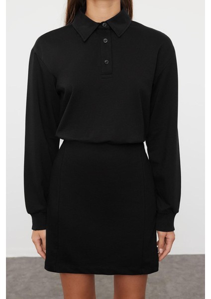 Kadın Moda Şık Mini Boy Polo Yaka Regular Düz Vücuda Oturan Örme Elbise