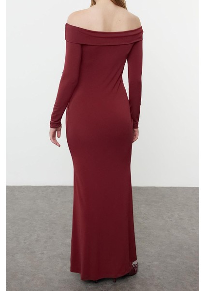 Kadın Moda Şık Maxi Boy Carmen Yaka Slim Renk Bloklu Fitted Vücuda Oturan Esnek Örme Elbise indirimleri