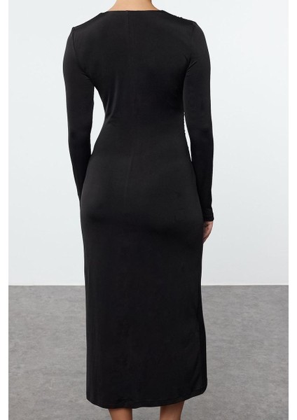 Kadın Moda Şık Midi Boy V Yaka Slim Büzgü Drape Detaylı Vücuda Oturan Örme Elbise indirimleri