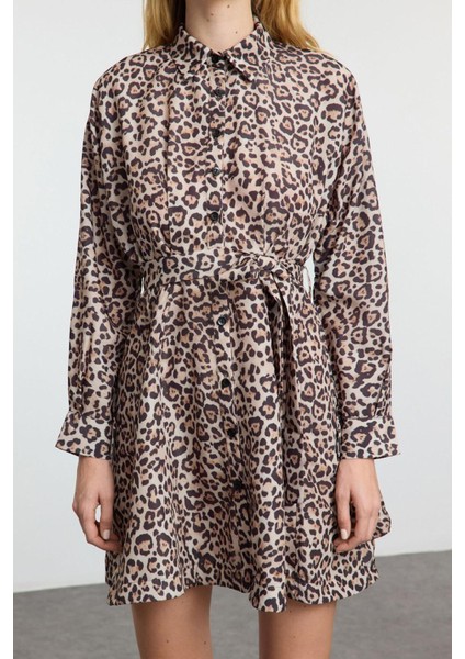 Kadın Moda Şık Mini Boy Gömlek Yaka Regular KAHVERENGI001 Çizgili Dokuma Elbise