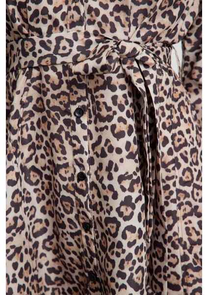 Kadın Moda Şık Mini Boy Gömlek Yaka Regular KAHVERENGI001 Çizgili Dokuma Elbise modelleri