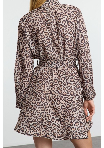 Kadın Moda Şık Mini Boy Gömlek Yaka Regular KAHVERENGI001 Çizgili Dokuma Elbise fırsatları