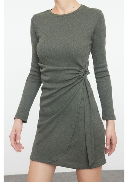 Kadın Moda Şık Mini Boy Bisiklet Yaka Slim Fitted Vücuda Oturan Fitilli Esnek Örme Elbise