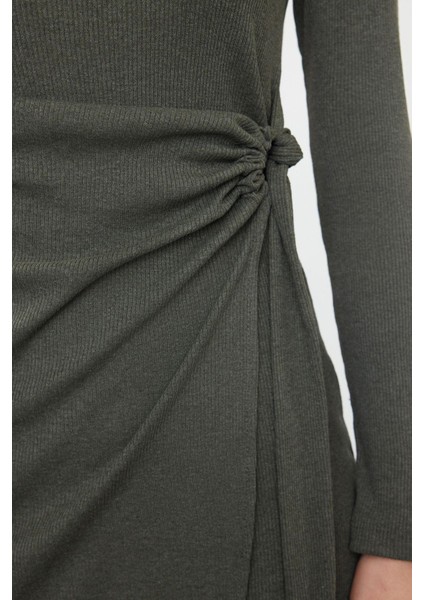 Kadın Moda Şık Mini Boy Bisiklet Yaka Slim Fitted Vücuda Oturan Fitilli Esnek Örme Elbise