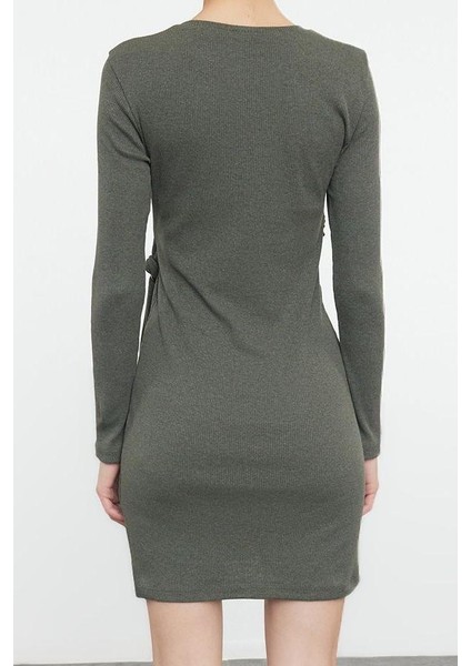 Kadın Moda Şık Mini Boy Bisiklet Yaka Slim Fitted Vücuda Oturan Fitilli Esnek Örme Elbise