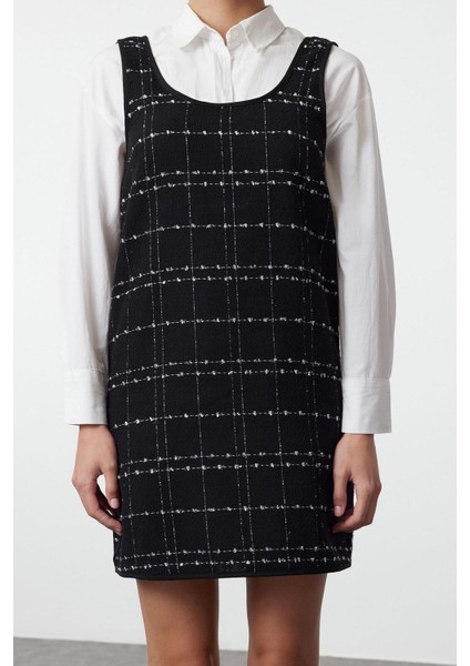 Kadın Moda Şık Mini Boy U Yaka Regular Ekose Kareli Tüvit Jile Dokuma Elbise
