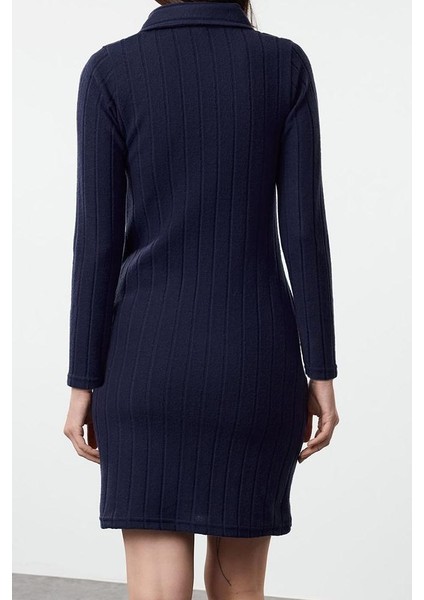 Kadın Moda Şık Mini Boy Polo Yaka Slim Fitted Vücuda Oturan Fitilli Örme Elbise indirimleri
