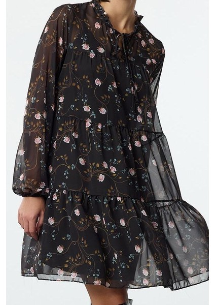Kadın Moda Şık Mini Boy Dik Yaka Regular Çiçek Desenli Bol Kalıp Astarlı Şifon Dokuma Kışlık Elbise