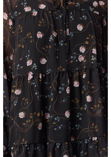 Kadın Moda Şık Mini Boy Dik Yaka Regular Çiçek Desenli Bol Kalıp Astarlı Şifon Dokuma Kışlık Elbise