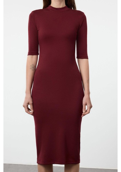 Kadın Moda Şık Midi Boy Dik Yaka Slim Bodycone Vücuda Oturan Truvakar Kol Örme Elbise
