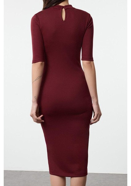 Kadın Moda Şık Midi Boy Dik Yaka Slim Bodycone Vücuda Oturan Truvakar Kol Örme Elbise indirimleri
