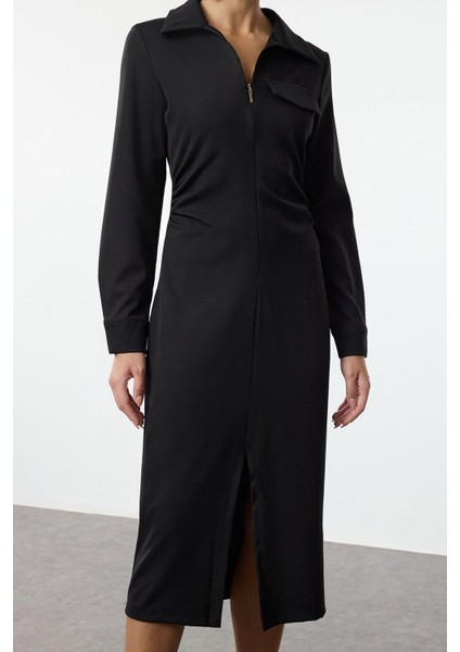 Kadın Moda Şık Midi Boy Gömlek Yaka Regular Lı Fitted Vücuda Oturan Dokuma Elbise