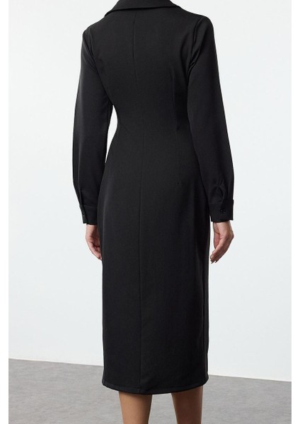 Kadın Moda Şık Midi Boy Gömlek Yaka Regular Lı Fitted Vücuda Oturan Dokuma Elbise