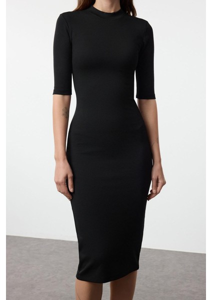 Kadın Moda Şık Midi Boy Dik Yaka Slim Bodycone Vücuda Oturan Truvakar Kol Örme Elbise
