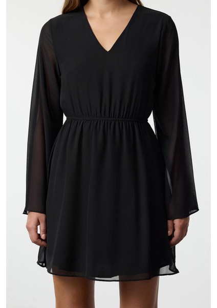 Kadın Moda Şık Mini Boy Kruvaze Regular Eteği Belden Açılan Astarlı Şifon Dokuma Elbise