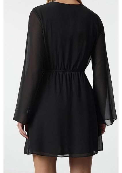 Kadın Moda Şık Mini Boy Kruvaze Regular Eteği Belden Açılan Astarlı Şifon Dokuma Elbise indirimleri
