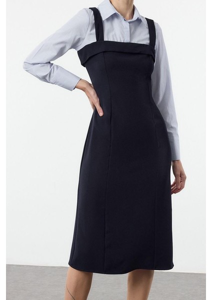 Kadın Moda Şık Mini Boy Gömlek Yaka Regular Çizgili Gömlek Detaylı Vücuda Oturan Dokuma Elbise
