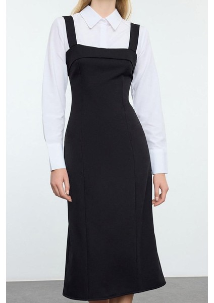 Kadın Moda Şık Mini Boy Gömlek Yaka Regular Gömlek Detaylı Fitted Vücuda Oturan Dokuma Elbise