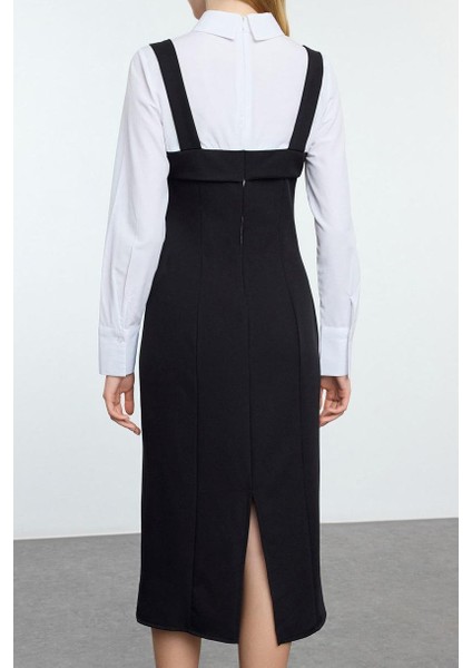 Kadın Moda Şık Mini Boy Gömlek Yaka Regular Gömlek Detaylı Fitted Vücuda Oturan Dokuma Elbise