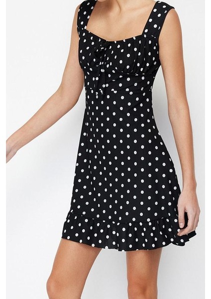 Kadın Moda Şık Mini Boy Kare Yaka Regular SIYAH001 Volanlı A-Line Örme Elbise