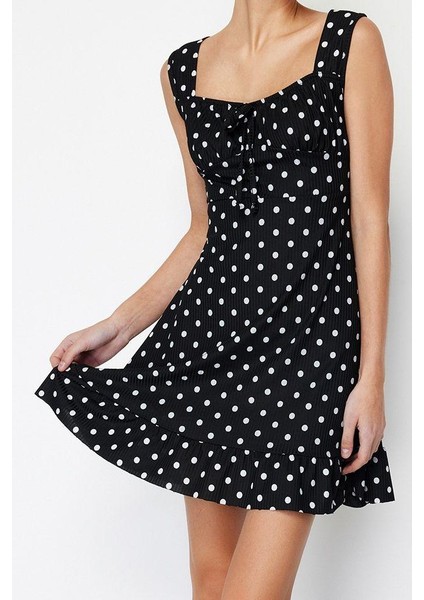 Kadın Moda Şık Mini Boy Kare Yaka Regular SIYAH001 Volanlı A-Line Örme Elbise