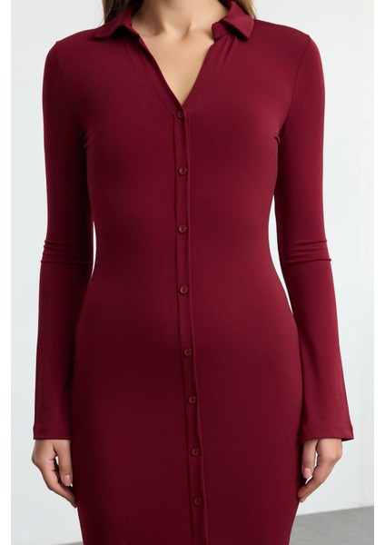 Kadın Moda Şık Maxi Boy Düğmeli Yaka Slim Düz Polo Yaka Fitted Vücuda Oturan Patlı Esnek Örme Elbise fırsatları