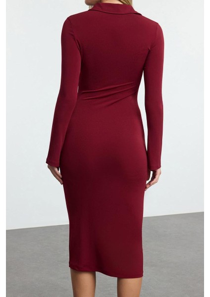 Kadın Moda Şık Maxi Boy Düğmeli Yaka Slim Düz Polo Yaka Fitted Vücuda Oturan Patlı Esnek Örme Elbise indirimleri
