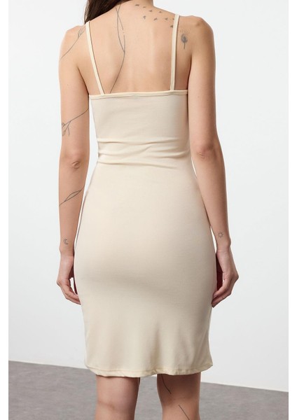Kadın Moda Şık Mini Boy Kare Yaka Slim Astarlık 2li Paket Askılı Vücuda Oturan Örme Elbise modelleri