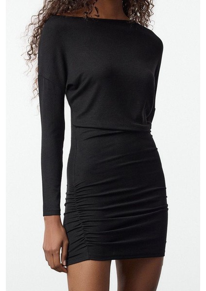 Kadın Moda Şık Mini Boy Asimetrik Yaka Slim Bodycone Vücuda Oturan Örme Elbise modelleri