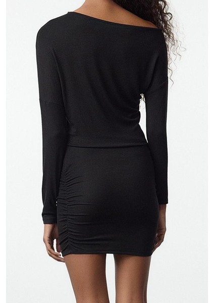 Kadın Moda Şık Mini Boy Asimetrik Yaka Slim Bodycone Vücuda Oturan Örme Elbise indirimleri