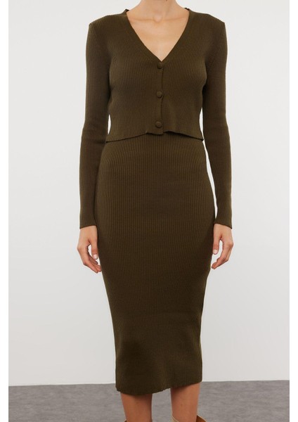 Kadın Moda Şık Midi Boy V Yaka Slim Vücuda Oturan Triko Hırka Elbise Takım