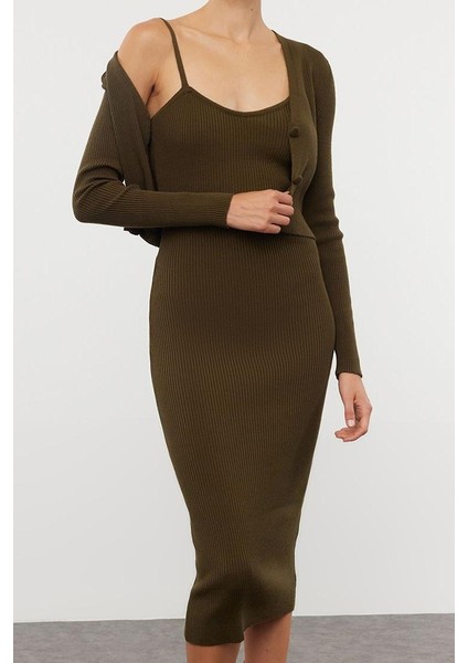 Kadın Moda Şık Midi Boy V Yaka Slim Vücuda Oturan Triko Hırka Elbise Takım fiyatları