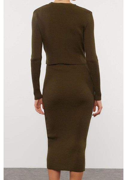 Kadın Moda Şık Midi Boy V Yaka Slim Vücuda Oturan Triko Hırka Elbise Takım indirimleri