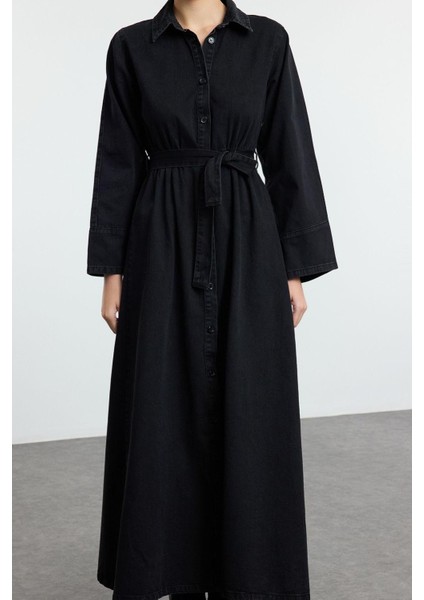 Kadın Moda Şık Maxi Boy Gömlek Yaka Regular Modest Gömlek Denim Elbise