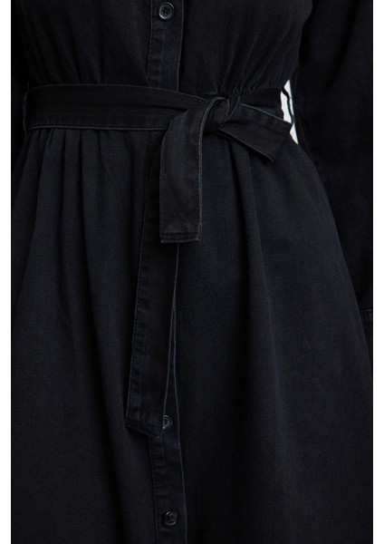 Kadın Moda Şık Maxi Boy Gömlek Yaka Regular Modest Gömlek Denim Elbise