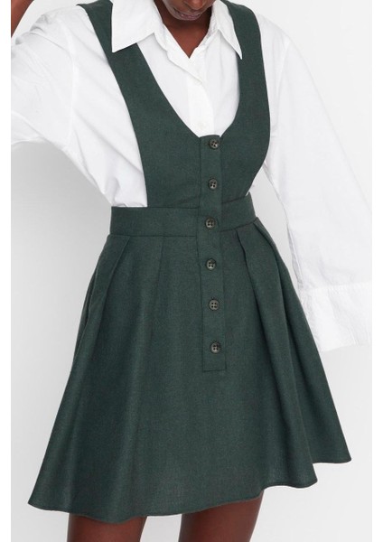 Kadın Moda Şık Mini Boy V Yaka Regular Askılı Dokuma Jile Elbise