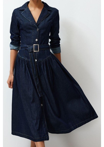 Kadın Moda Şık Maxi Boy Gömlek Yaka Oversize Kemerli Denim Elbise modelleri