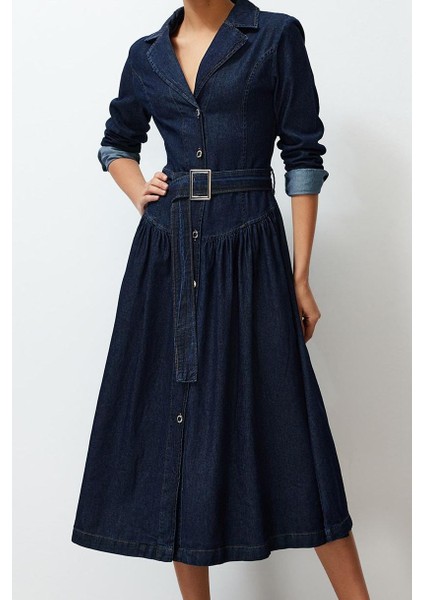 Kadın Moda Şık Maxi Boy Gömlek Yaka Oversize Kemerli Denim Elbise fiyatları