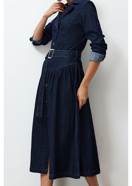 Kadın Moda Şık Maxi Boy Gömlek Yaka Oversize Kemerli Denim Elbise indirimleri
