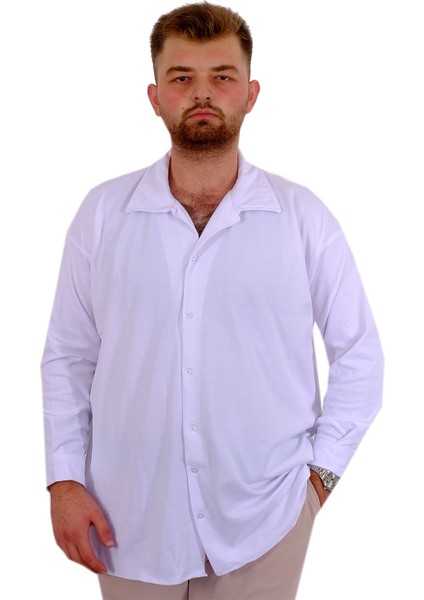 Mode Xl Büyük Beden Erkek Gömlek Apas Yaka Uzun Kol Jakar U24381 Beyaz