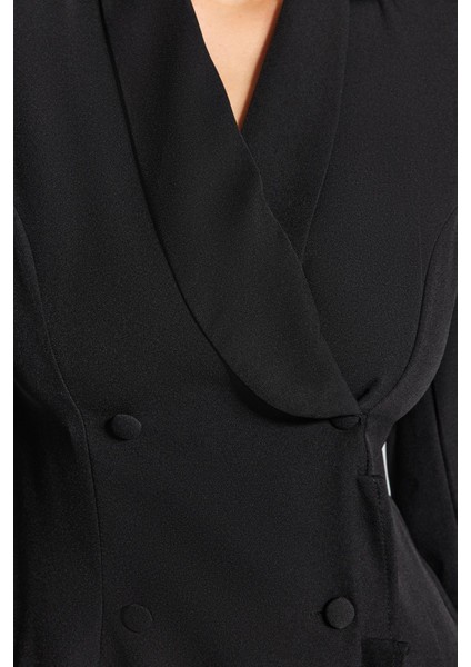 Kadın Moda Şık Mini Boy Ceket Yaka Regular Eteği Fırfırlı Dokuma Ceket Elbise