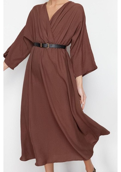 Kadın Moda Şık Midi Boy Kruvaze Regular Kemerli A-Line Yakalı Aerobin Dokuma Elbise fiyatları