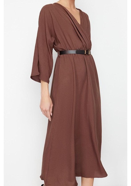 Kadın Moda Şık Midi Boy Kruvaze Regular Kemerli A-Line Yakalı Aerobin Dokuma Elbise modelleri